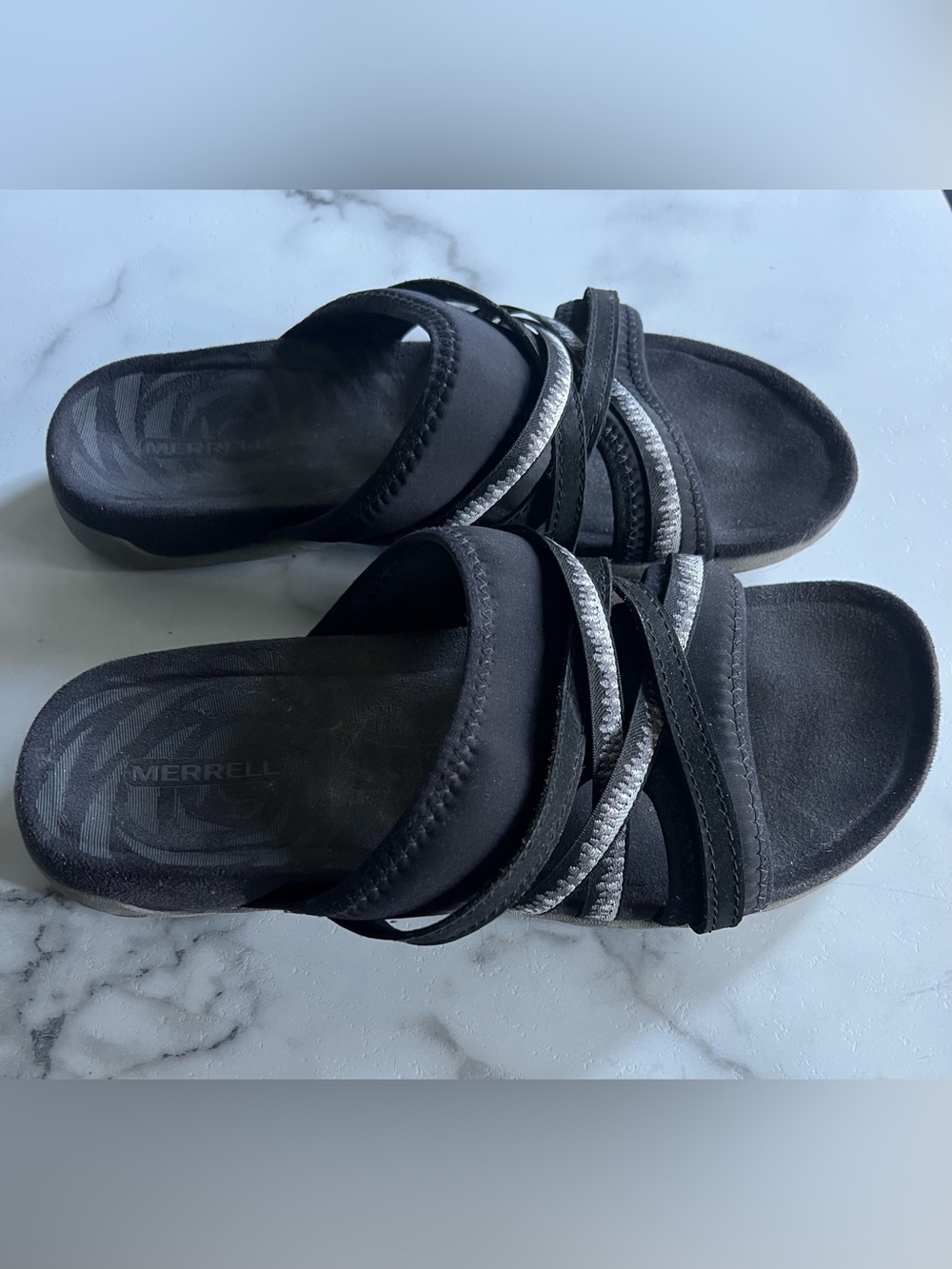 Merrell Black Sandal Slides with Silver Braided Straps